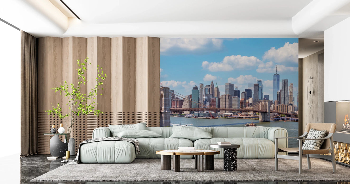 NYC Bridge Vista Wall Mural stretches through this lounge with a broad skyline scene