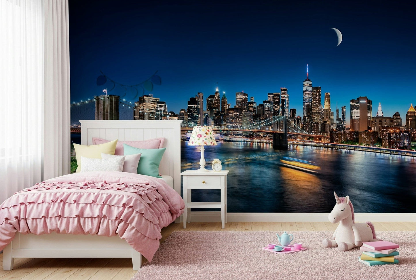 NYC by Night peel and stick wallpaper iconic landmarks.