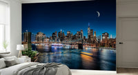 Vibrant NYC by Night wall mural with crescent moon.