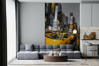 Golden Rush wall mural, iconic yellow New York City taxis, busy street.
