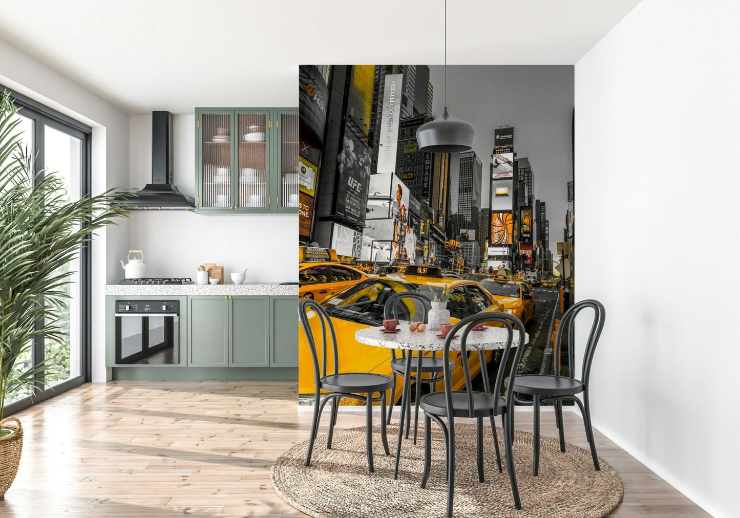 Brilliant yellow cab wallpaper, modern cityscape, eye-catching decor.