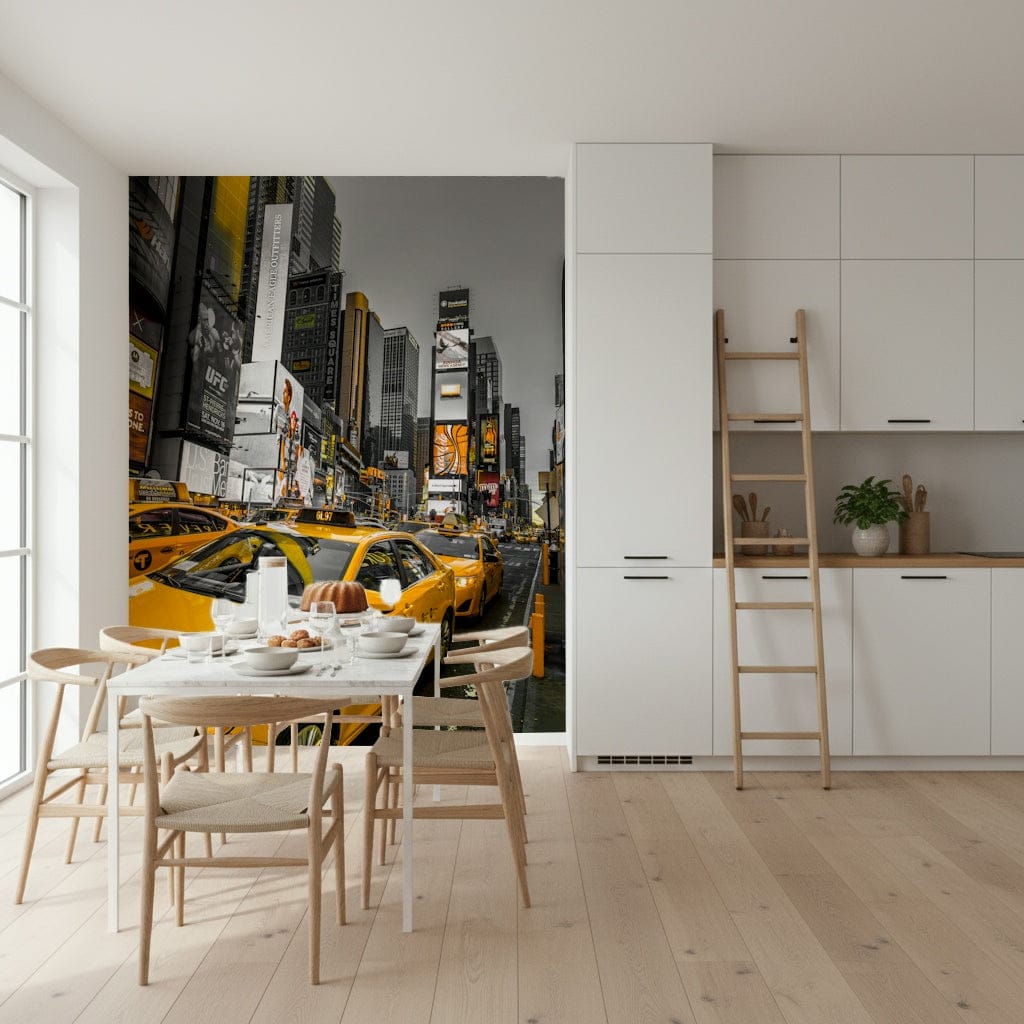 NYC Cabs wallpaper, vibrant yellow, dynamic urban scene, city mural.