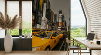Golden Rush wall mural, bustling NYC street, electric atmosphere design.