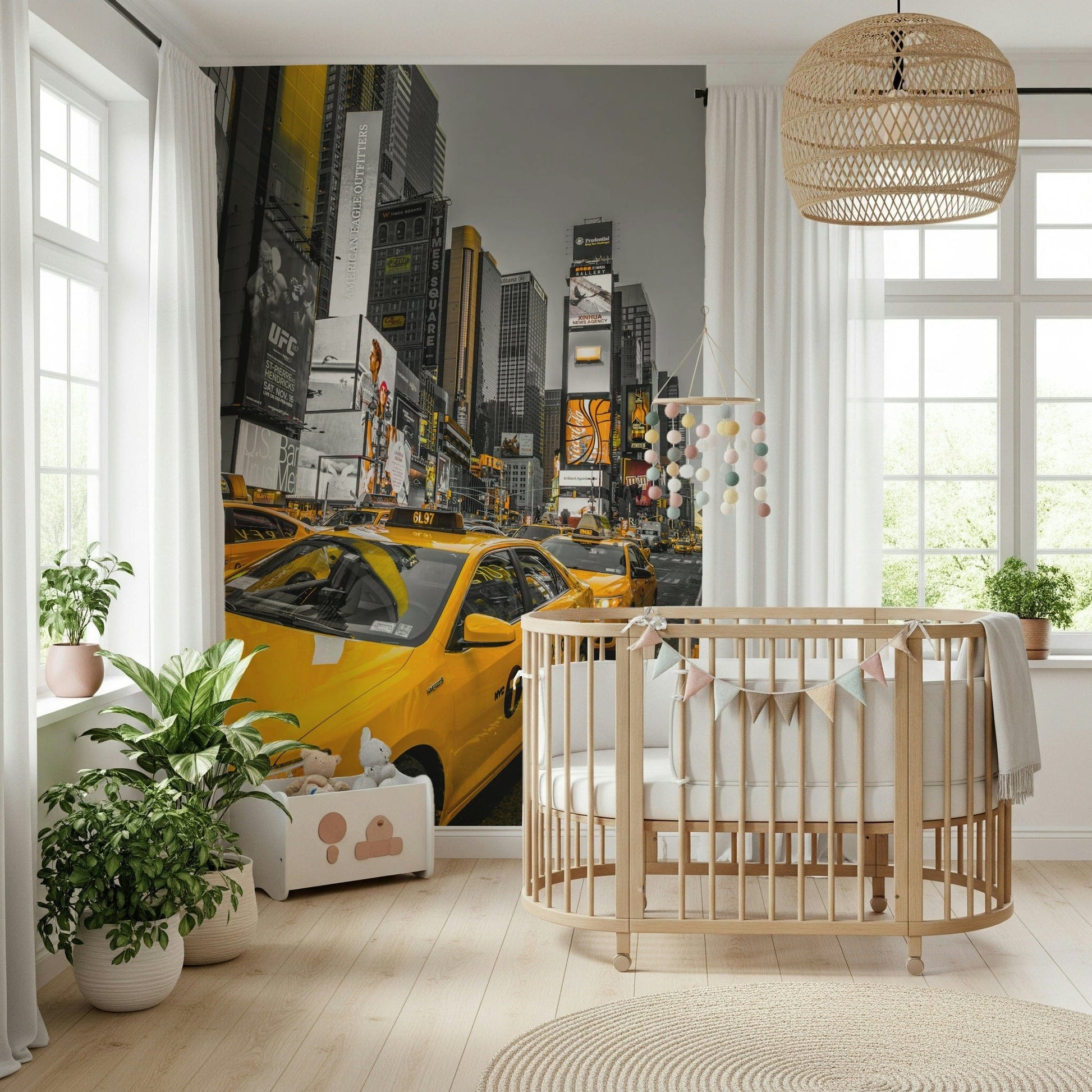 Uptown taxi traffic mural, NYC Cabs product, street level view.