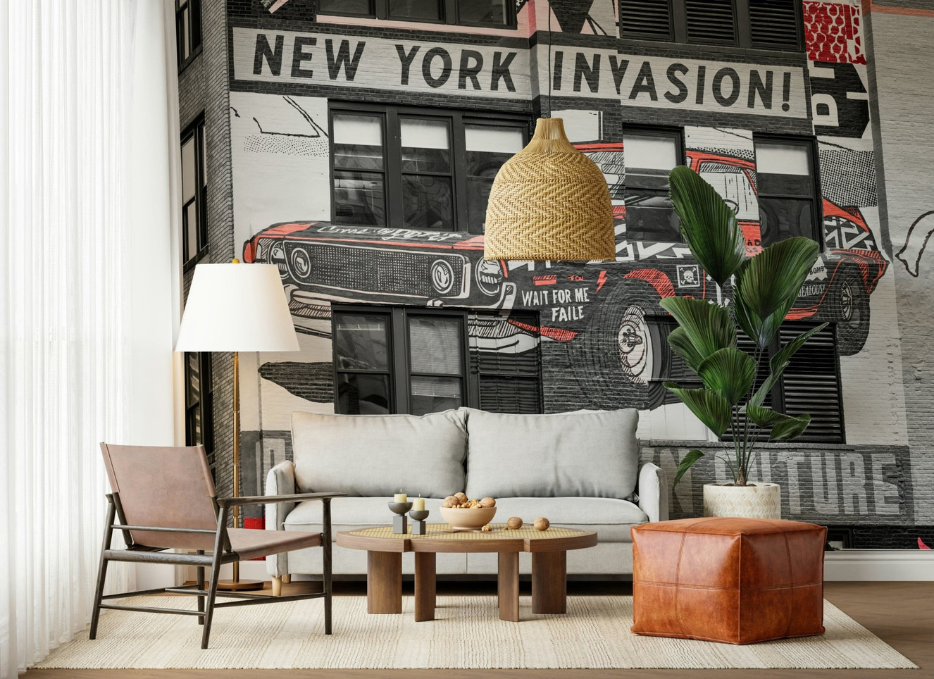 NYC Car Mural graffiti style wallpaper for walls retro vibe.
