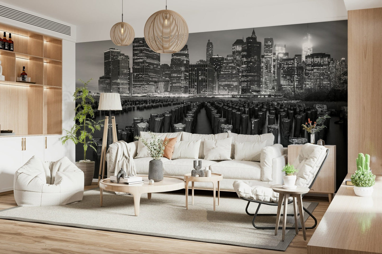 Dramatic financial district Noir mural, reflective water Waterfront wallpaper.