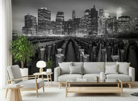 Noir style urban wallpaper, intense contrast city Waterfront mural.