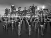 Monochromatic NYC Waterfront view wallpaper, sophisticated industrial mural.