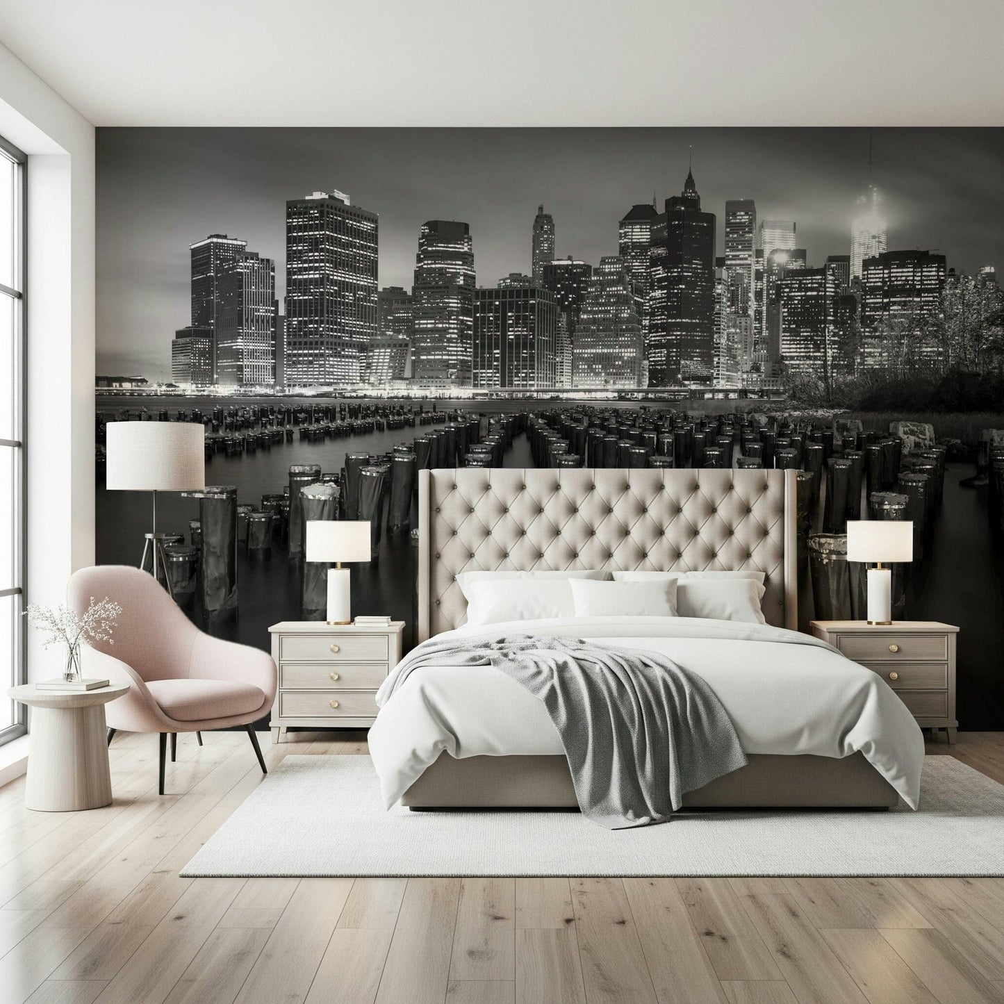 Industrial Waterfront feature wallpaper, strong visual Noir mural.