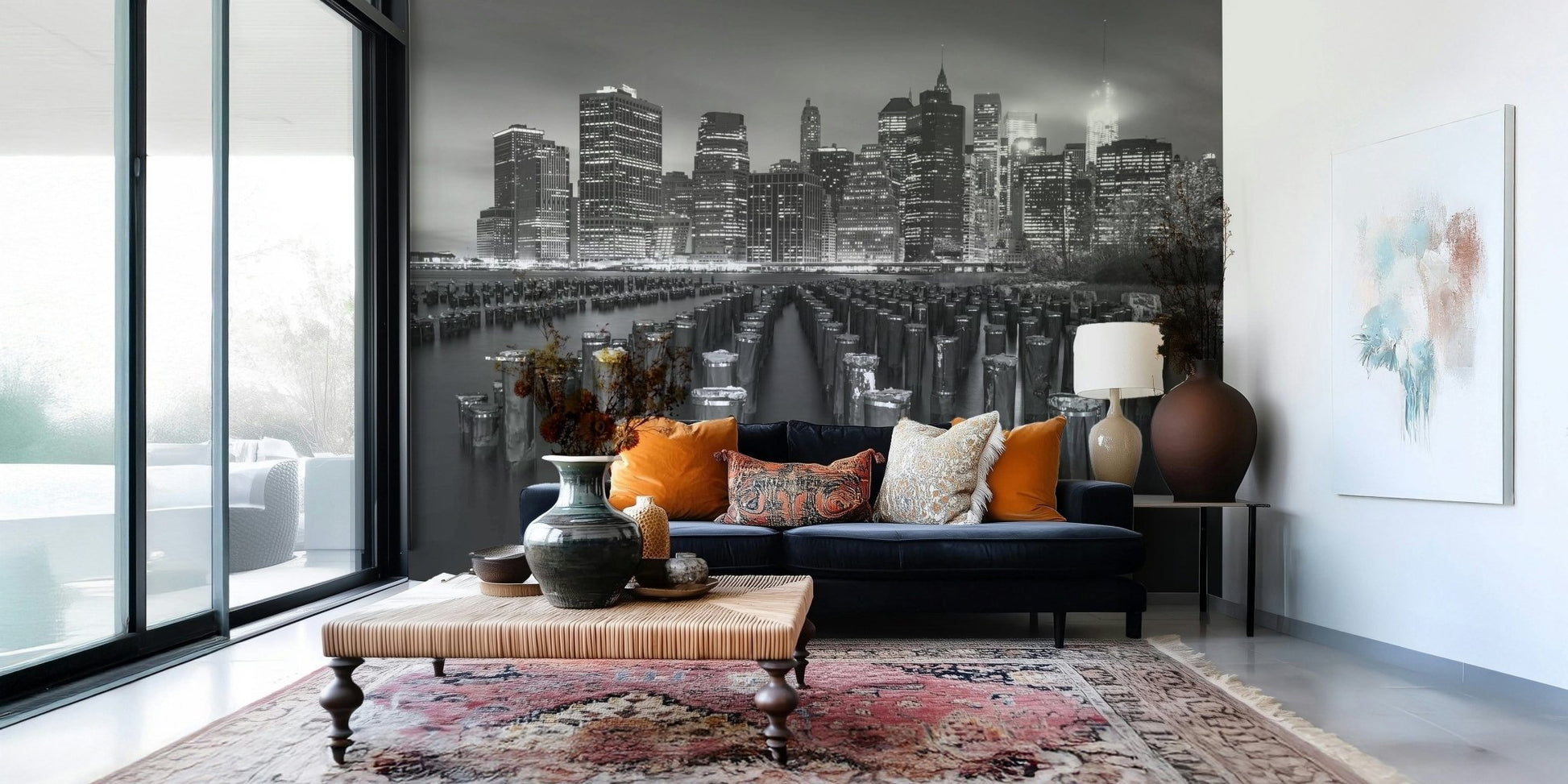Waterfront perspective wallpaper for walls, captivating NYC Noir mural.