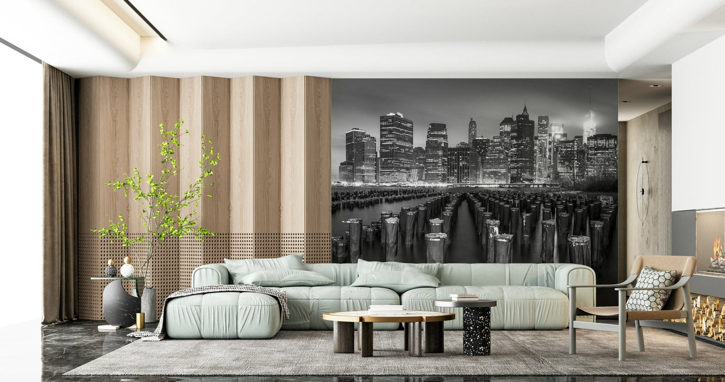 Dark atmosphere NYC wallpaper, repetitive wooden posts Silhouette mural.