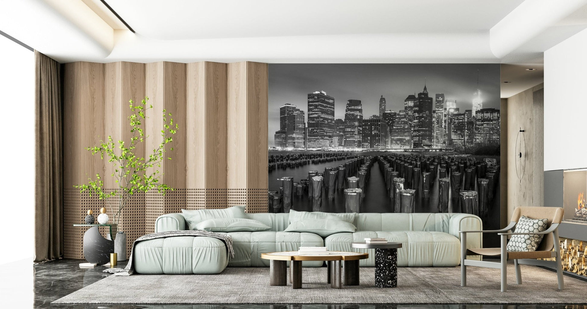 Dark atmosphere NYC wallpaper, repetitive wooden posts Silhouette mural.