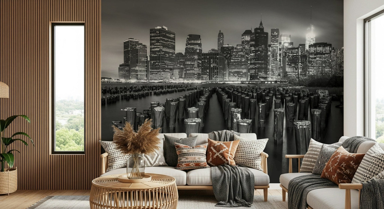 Monochrome urban Waterfront mural, striking Noir contrast wallpaper design.