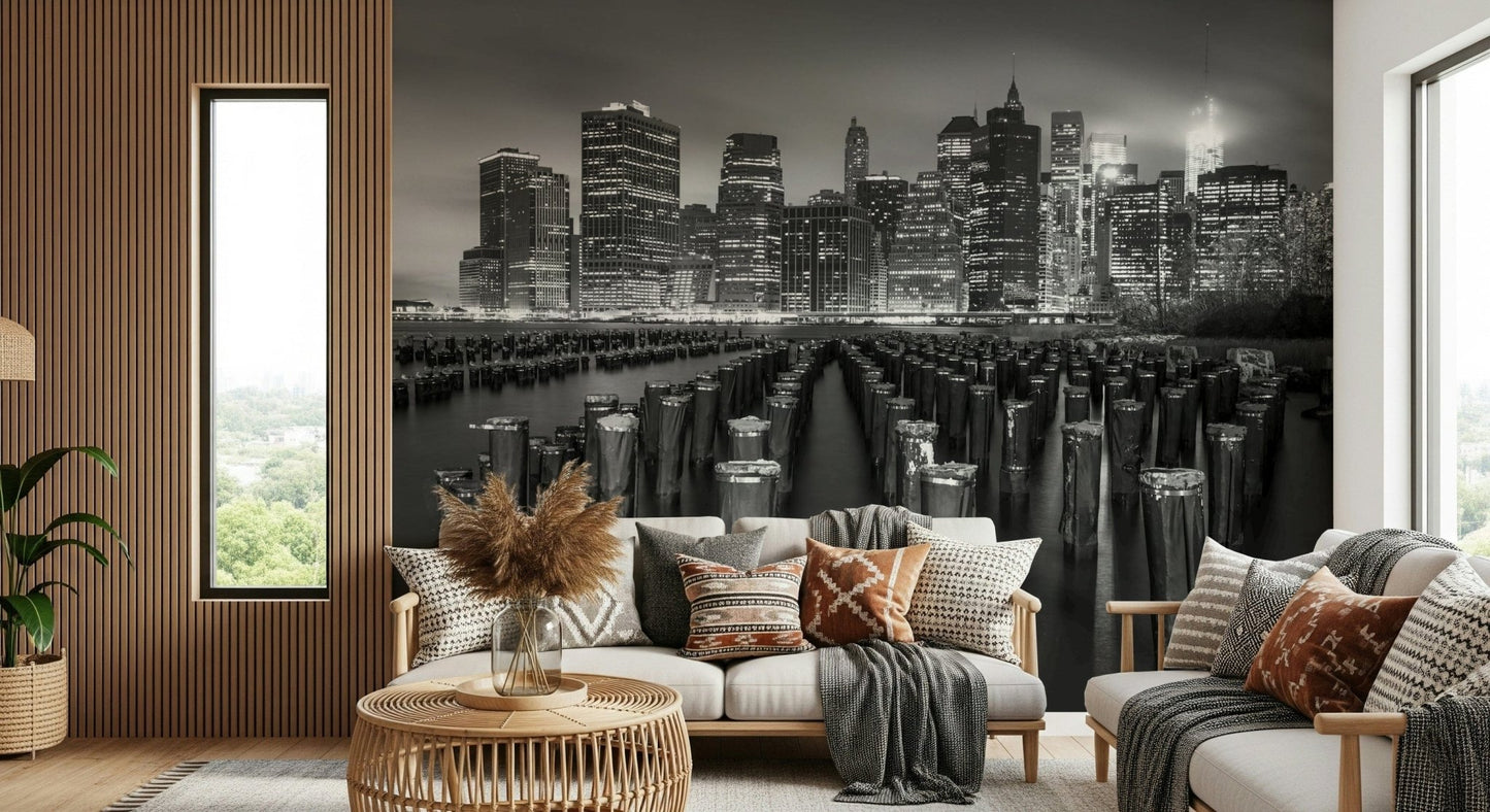 Monochrome urban Waterfront mural, striking Noir contrast wallpaper design.