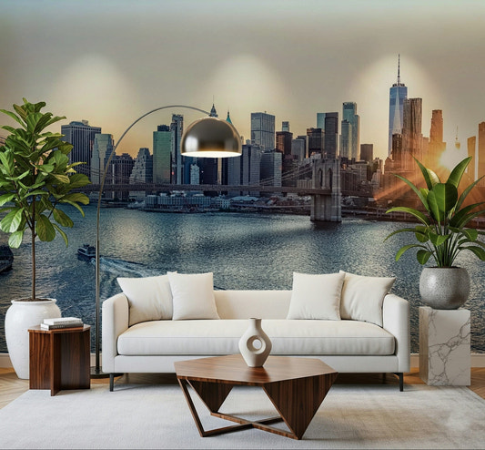 A bright sitting room feels more polished with NYC Skyline at Dawn Wall Mural