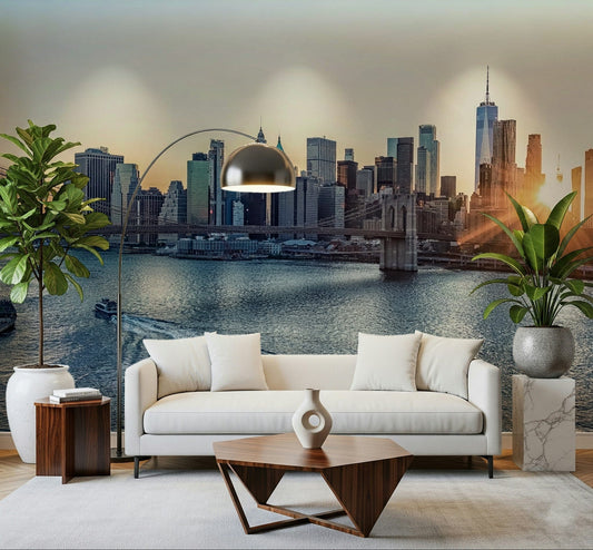 A bright sitting room feels more polished with NYC Skyline at Dawn Wall Mural