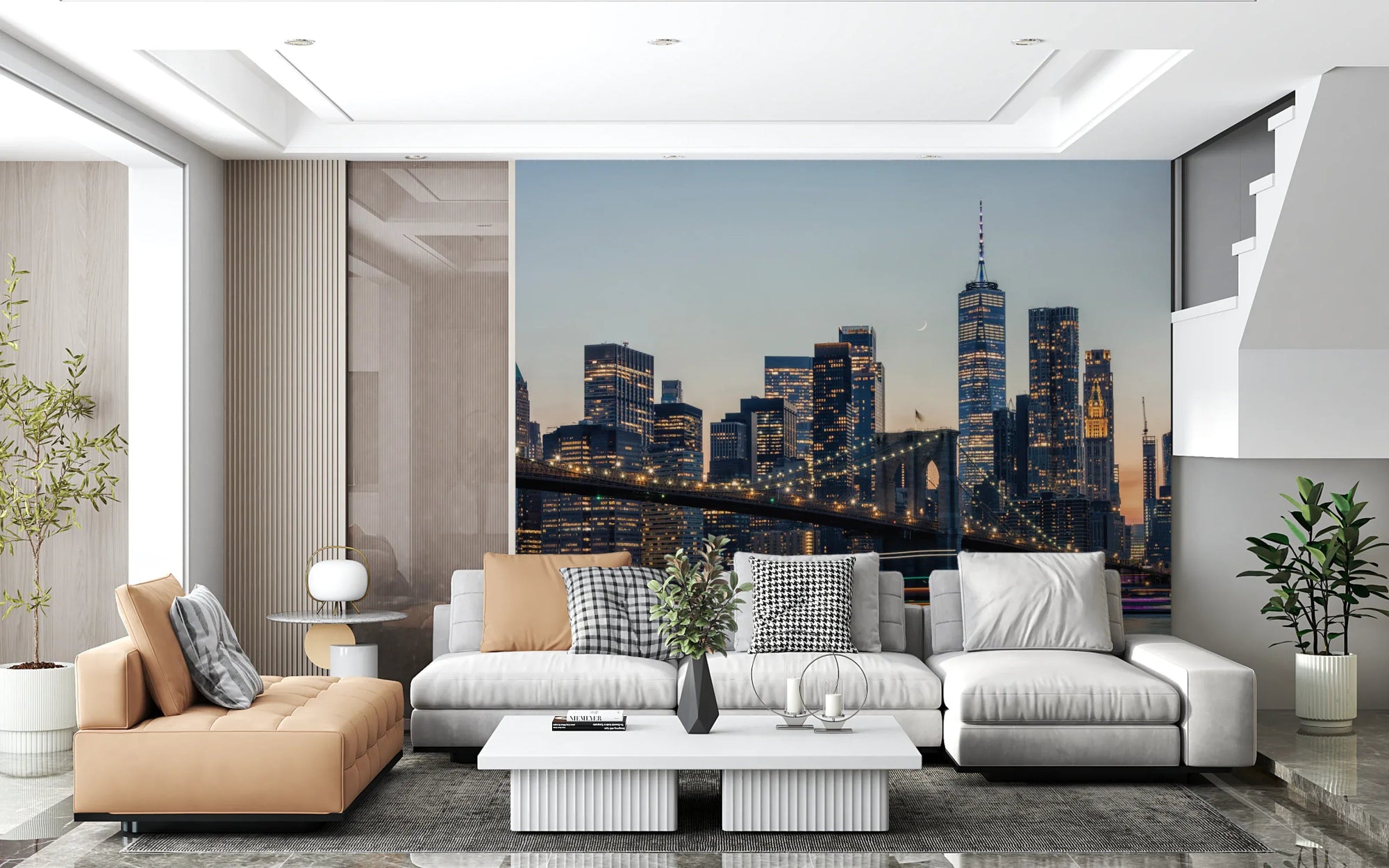 Modern living room featuring NYC Skyline at Twilight wall mural with blue tones., GD8017