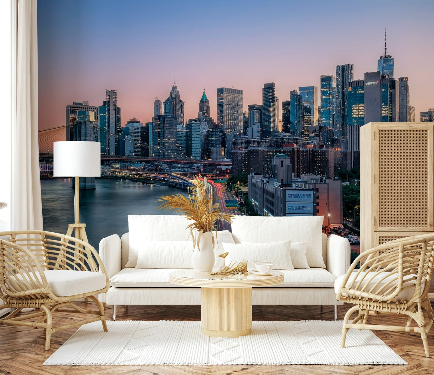 Vibrant NYC Skyline Dusk wallpaper mural dusk horizon colors.