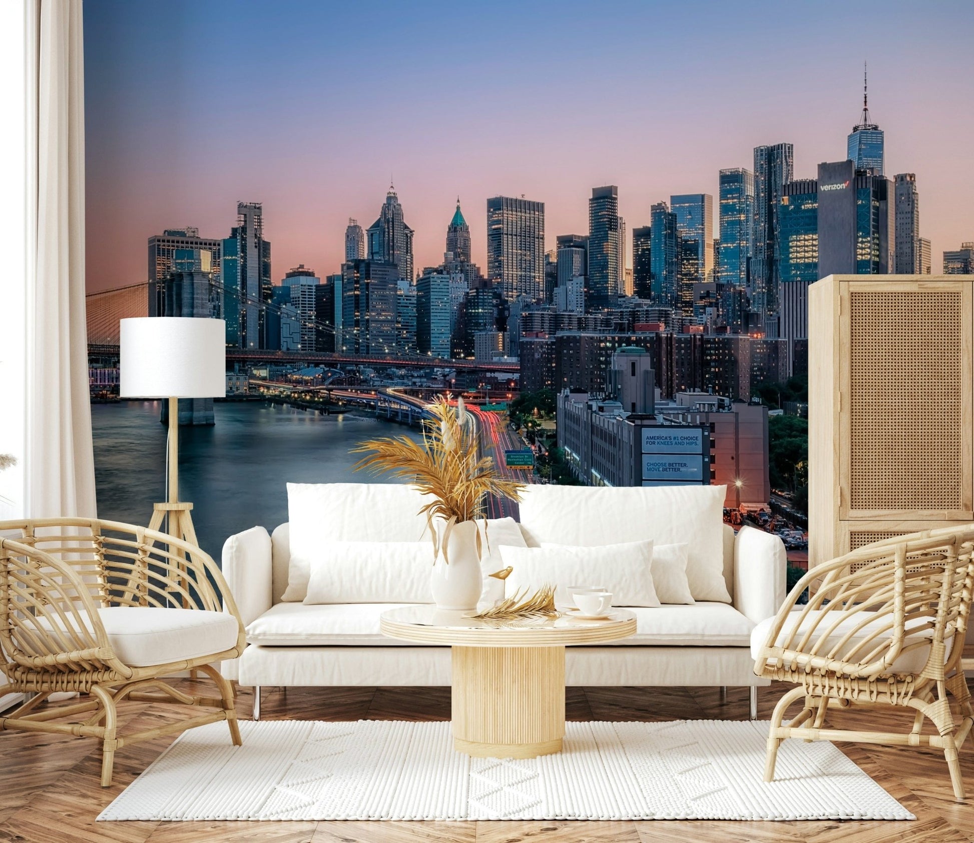 Vibrant NYC Skyline Dusk wallpaper mural dusk horizon colors.
