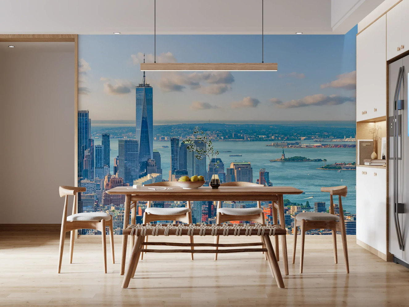 NYC Skyline Majesty wall mural with skyscrapers in bedroom