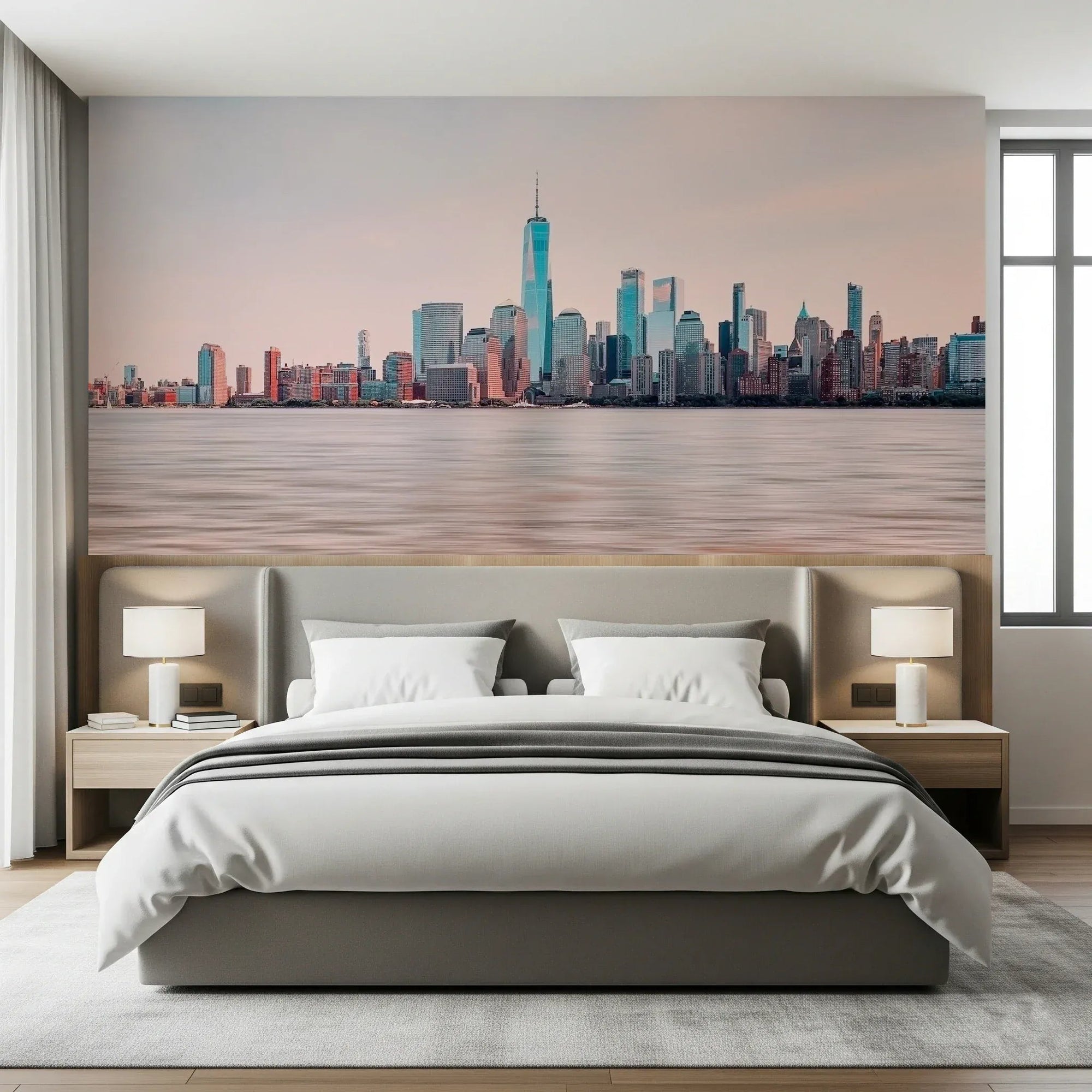 Bedroom styled in NYC Skyline Serenity wall mural with calm city skyline, GD8048