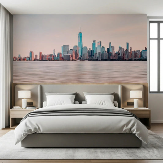 Bedroom styled in NYC Skyline Serenity wall mural with calm city skyline