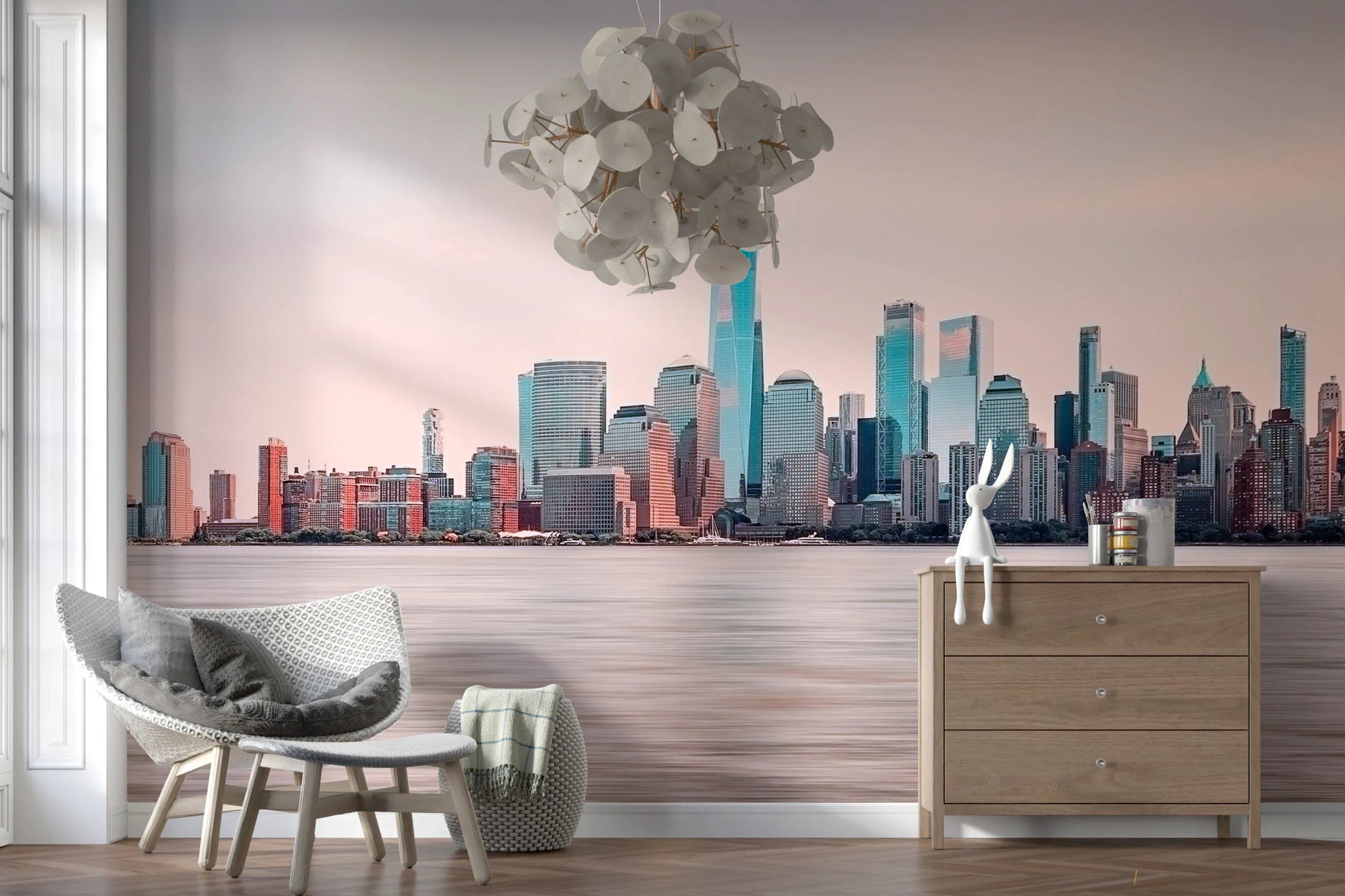 NYC Skyline Serenity wall mural with New York skyline and soft pastel sky
