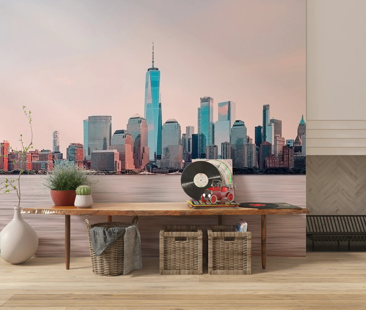 NYC Skyline Serenity wall mural in blue, beige, and gray city tones