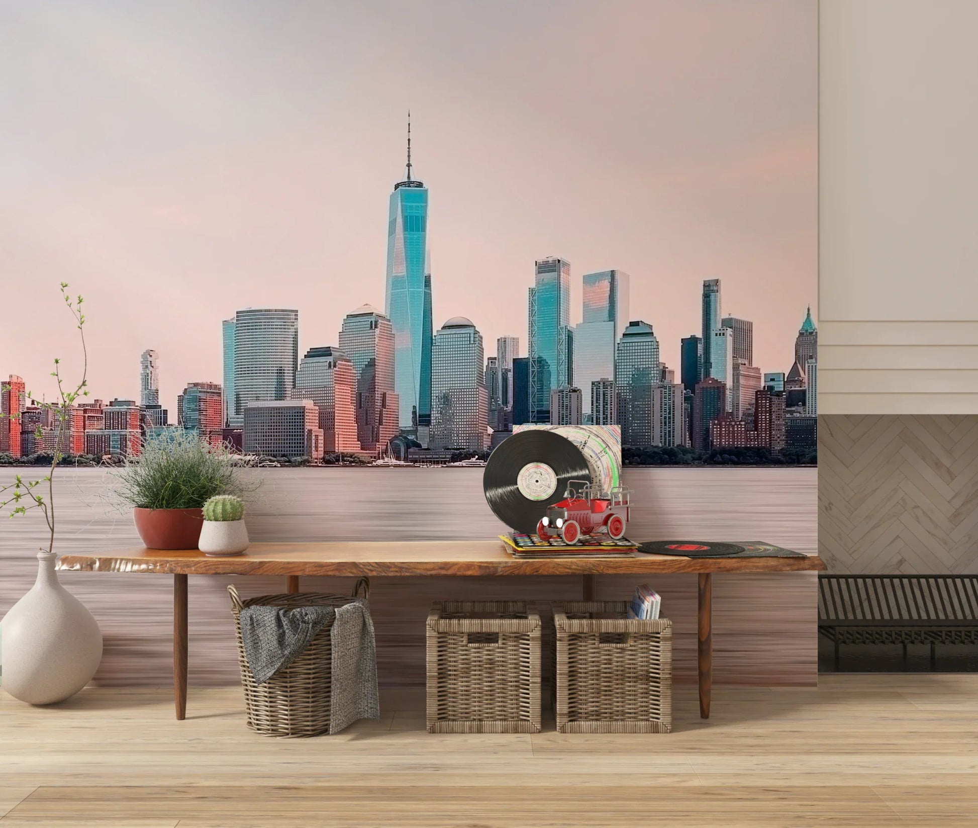 NYC Skyline Serenity wall mural in blue, beige, and gray city tones