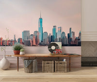 NYC Skyline Serenity wall mural in blue, beige, and gray city tones