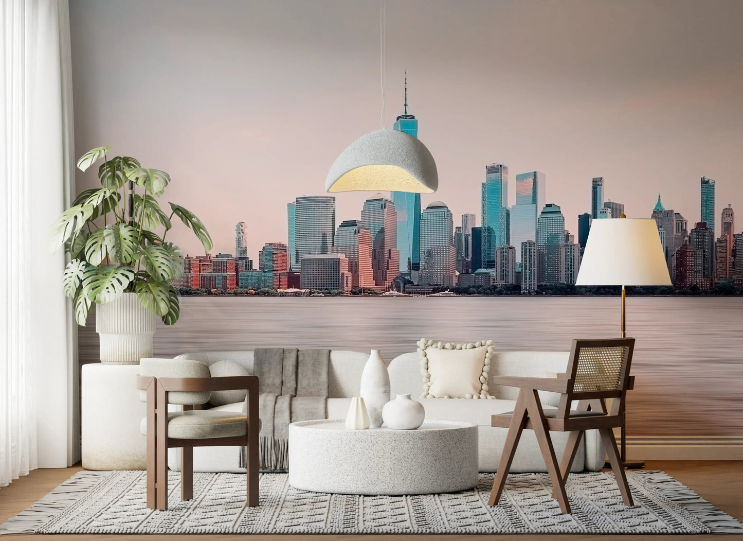 NYC Skyline Serenity wall mural showing tall buildings and calm water
