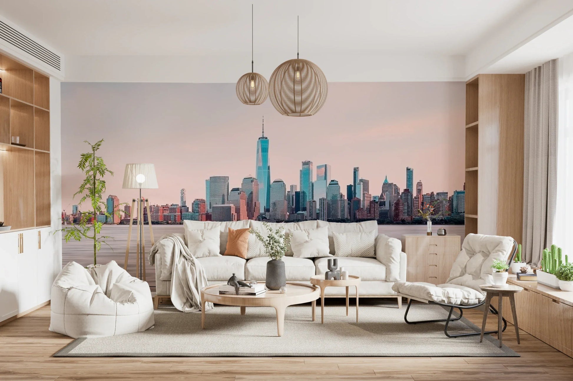 Living room with NYC Skyline Serenity wall mural and New York waterfront view