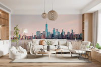Living room with NYC Skyline Serenity wall mural and New York waterfront view