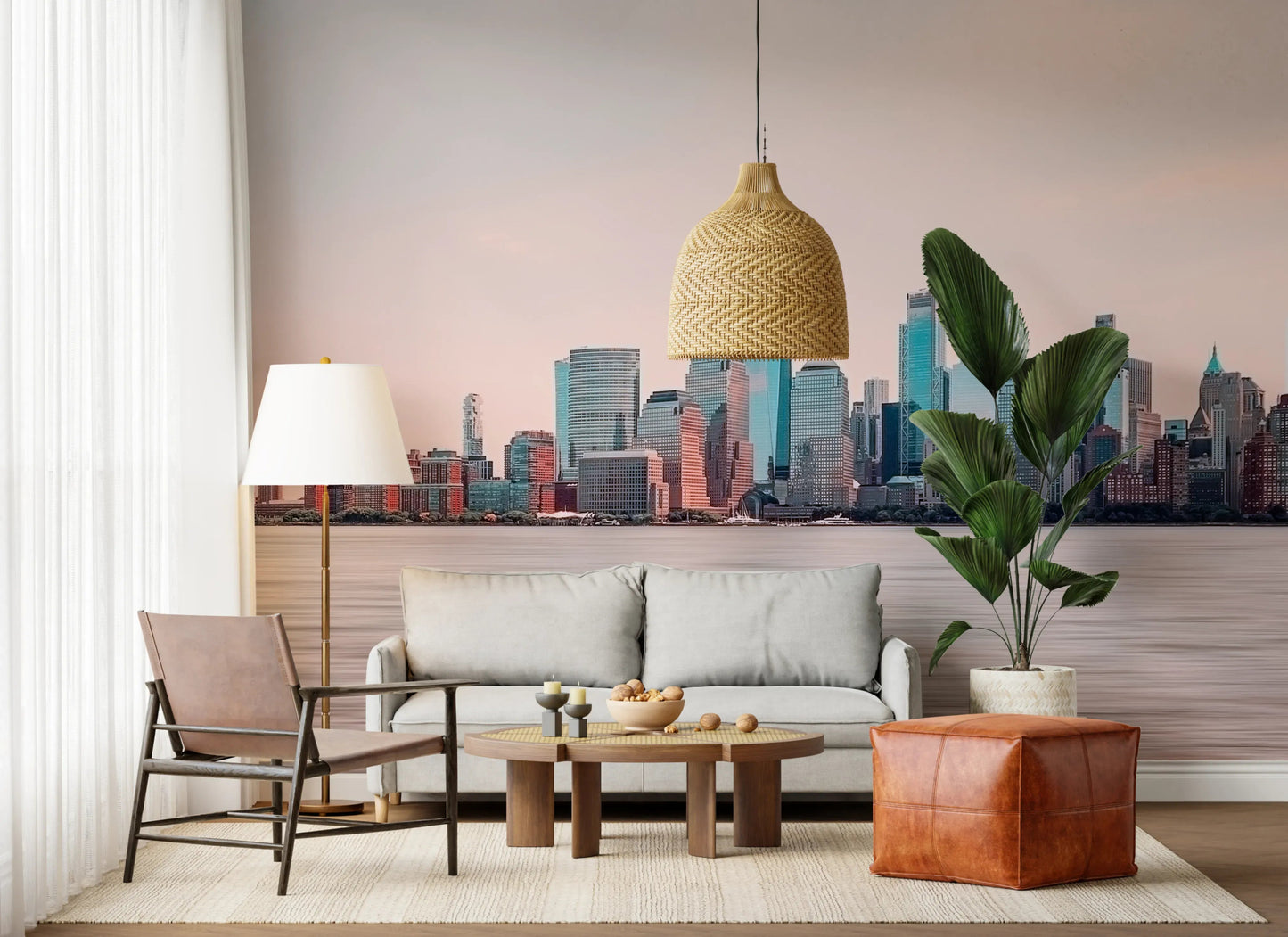 Hallway featuring NYC Skyline Serenity wall mural and panoramic skyline detail