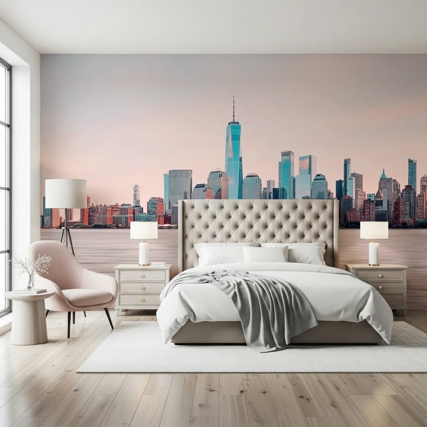 Bedroom wall with NYC Skyline Serenity wall mural and modern NYC towers