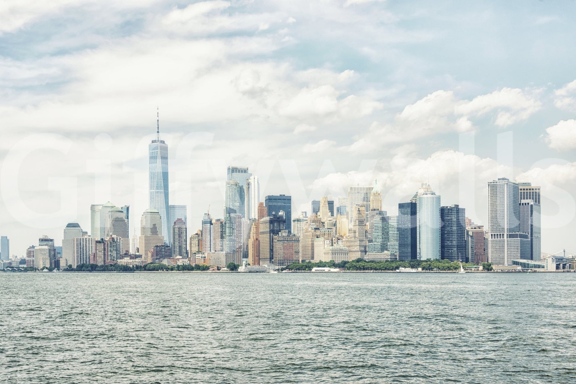 NYC Skyline View wall mural with calm waterfront and soft blue city skyline detail