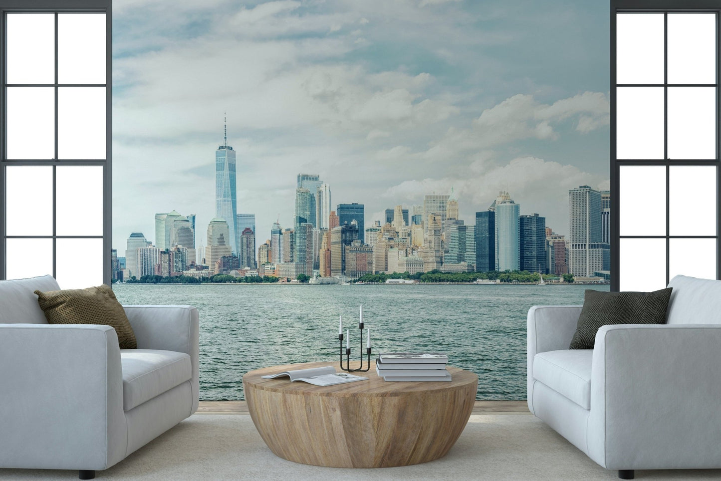 Framed by tall windows, NYC Skyline View Wall Mural gives this sitting room city depth