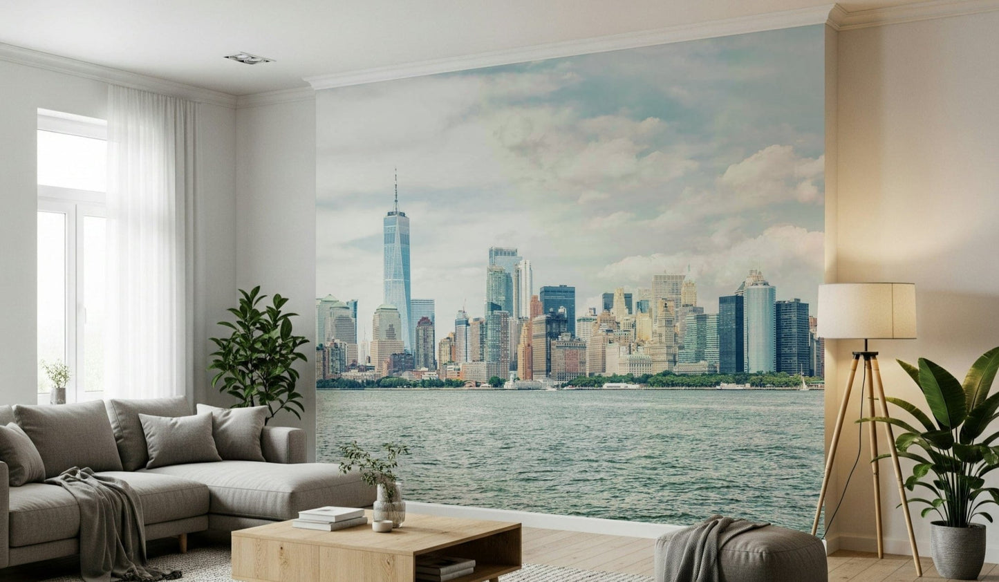 Along this sofa, NYC Skyline View Wall Mural creates a clean urban focal point