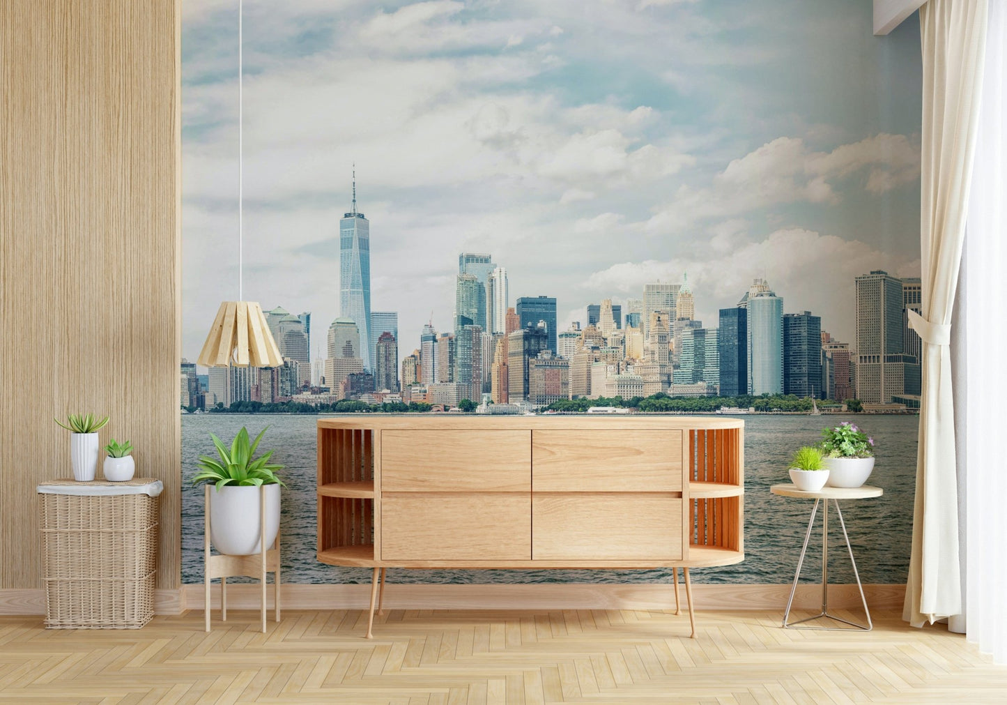 NYC Skyline View Wall Mural adds a bright waterfront backdrop to this console area