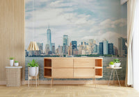 NYC Skyline View Wall Mural adds a bright waterfront backdrop to this console area