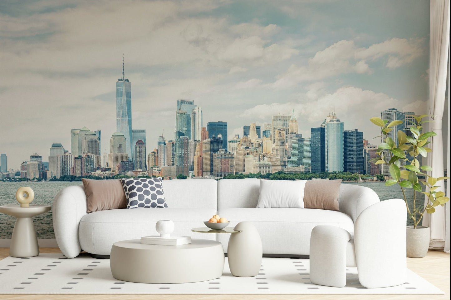 This modern living room feels lighter with NYC Skyline View Wall Mural and calm water views