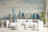 This modern living room feels lighter with NYC Skyline View Wall Mural and calm water views