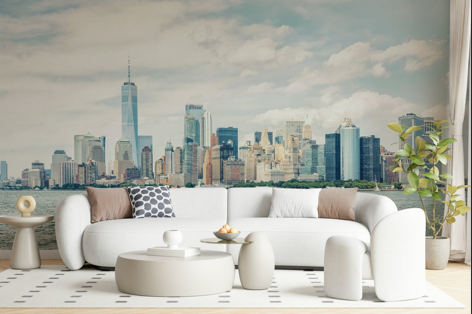 This modern living room feels lighter with NYC Skyline View Wall Mural and calm water views, GD7919