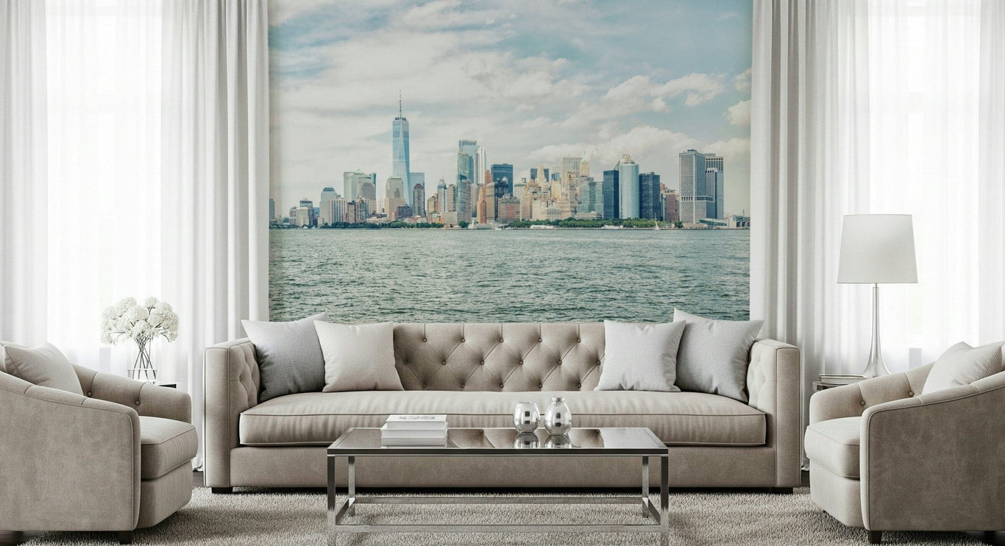 In this formal sitting space, NYC Skyline View Wall Mural adds gentle skyline character