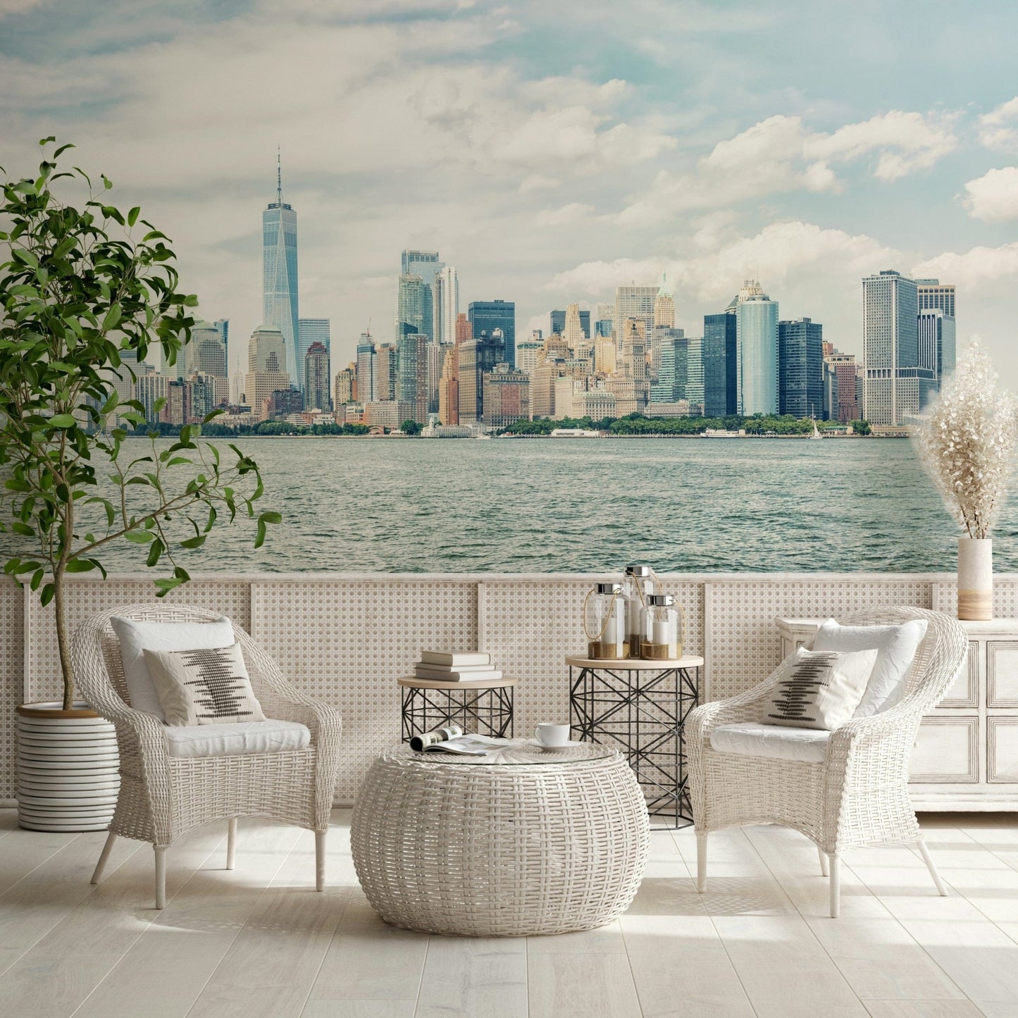 NYC Skyline View Wall Mural brings a soft metropolitan outlook into this sunlit lounge