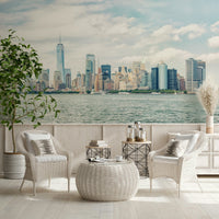 NYC Skyline View Wall Mural brings a soft metropolitan outlook into this sunlit lounge