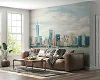 A cozy family room gains a polished city backdrop from NYC Skyline View Wall Mural