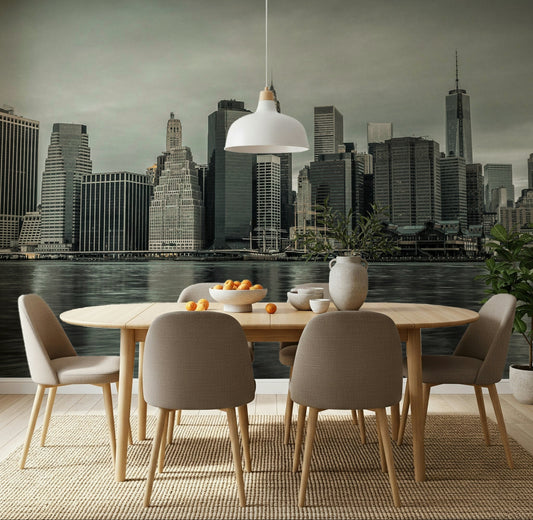 NYC Skyline wall mural in a modern living room setting.