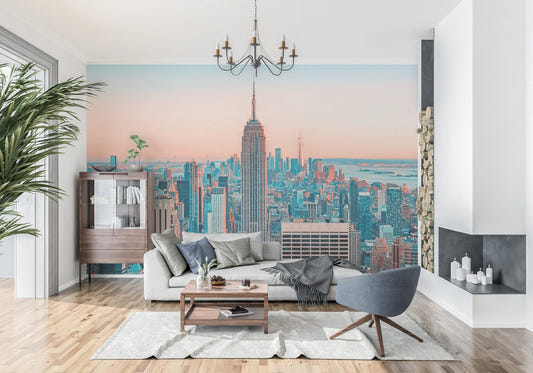 NYC Sunrise Skyline wall mural with golden morning light in a modern living room.