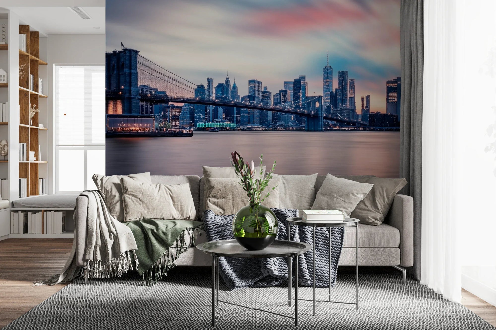 NYC Twilight Dreams wall mural with glowing skyline in a modern living room., GD8019